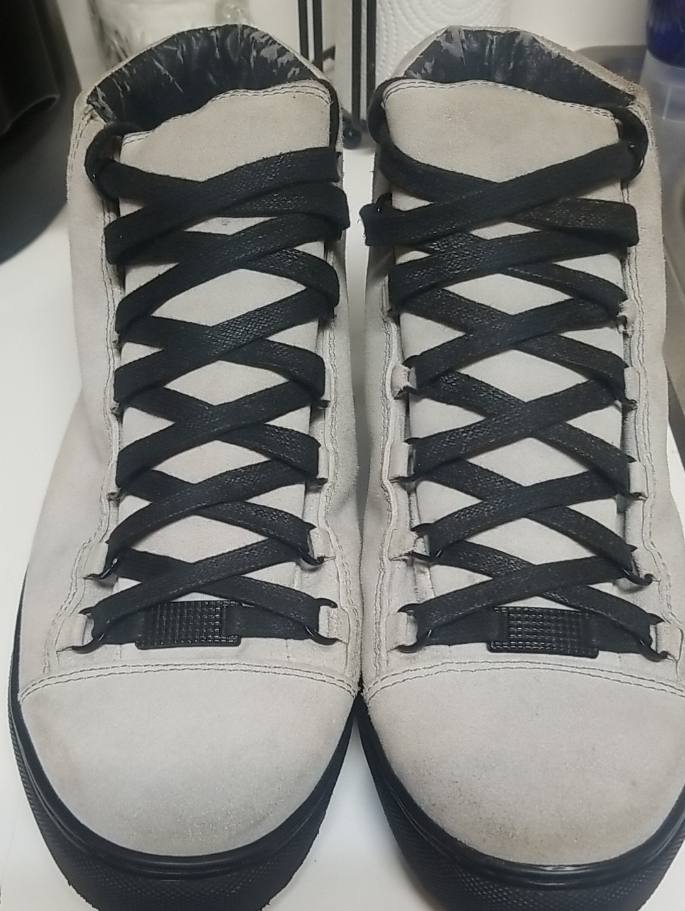 Balenciaga Light Gray ARENA Suede High-Top Sneakers with Black Laces